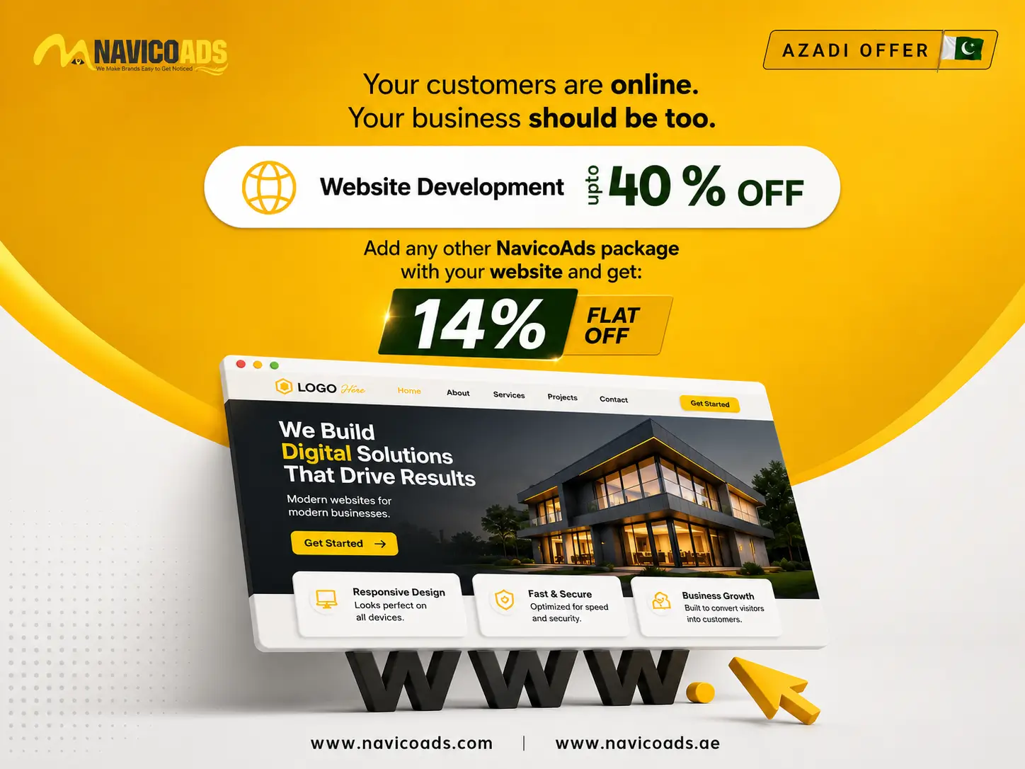 NavicoAds website development Azadi offer with up to 40% off and an additional 14% flat discount on bundled services.
